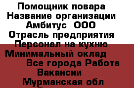 Помощник повара › Название организации ­ Амбитус, ООО › Отрасль предприятия ­ Персонал на кухню › Минимальный оклад ­ 15 000 - Все города Работа » Вакансии   . Мурманская обл.,Видяево нп